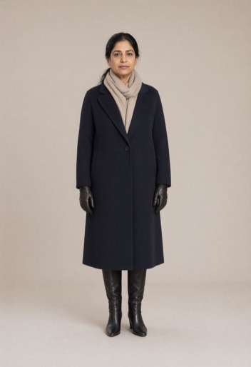 The same person restyled in a Winter Luxe outfit by Rizz My Fit