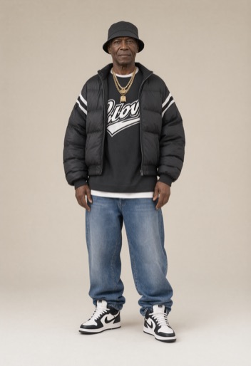 The same person restyled in a 90's Hip-Hop outfit by Rizz My Fit
